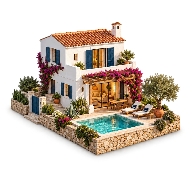 Ilustración de una villa boutique con piscina y terraza